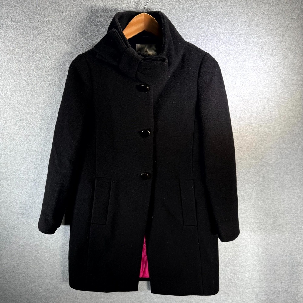 Kate Spade New York Ribbon Coat‎ Women's 0 Black Wool Button Front Bow Detail